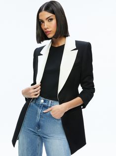 Silvie Fitted Blazer In Black/ecru | Alice And Olivia Chic Single-breasted Fall Tuxedo, Chic Tailored Tuxedo For Fall, Chic Black Tuxedo For Semi-formal Occasions, Chic Black Semi-formal Tuxedo, Spring Black Tuxedo Blazer, Black Tuxedo Blazer For Spring, Chic Black Tuxedo With Suit Collar, Chic Black Tuxedo With Notch Lapel, Chic Fitted Black Tuxedo