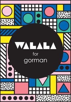 a poster with the words walla for german in front of colorful squares and circles