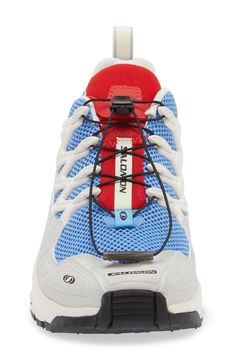 a pair of blue and red sneakers with laces on the sole, side view