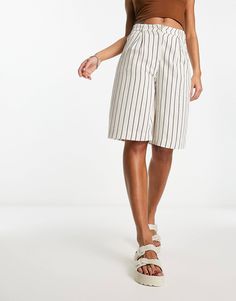 Reclaimed Vintage mensy shorts in linen stripe | ASOS Summer Wide Leg Bottoms With Vertical Stripes, White Bottoms With Vertical Stripes For Summer, White Vertical Striped Bottoms For Summer, White Vertical Striped Shorts, White Vertical Stripes Shorts, Relaxed Fit Bottoms With Vertical Stripes For Summer, Relaxed Fit Striped Bottoms With Built-in Shorts, Relaxed Fit Striped Shorts For Spring, High-waist Summer Bottoms With Vertical Stripes