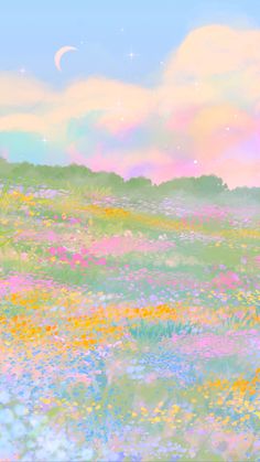 a field full of flowers with the moon in the sky above it and stars on the clouds