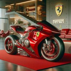 a red motorcycle sitting on top of a red carpet in front of a ferrari logo