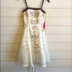 Ivory Dress With Brown Accents/Rhinestones. Back Is A Corset Style Tie. Size 3/4 White Embellished Dress With Sweetheart Neckline, White Embellished Dress With Fitted Bodice, Ivory Dress, Ivory Dresses, Corset Style, Corsets, Sewing Clothes, Classy Outfits, Strapless Dress