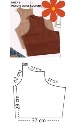 the sewing pattern for a top with a flower on it is shown in red and brown