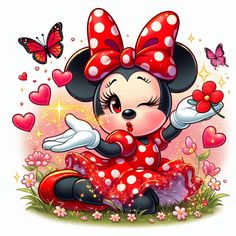 a cartoon minnie mouse with hearts and butterflies