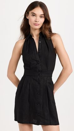 HEVRON Domino Mini Dress | Shopbop Fitted Linen Dress With Button Closure, Chic Linen Dress With Buttons, Fitted Linen Dress With Buttons, Fitted Belted Linen Dress For Daywear, Formal Linen Belted Dress, Formal Belted Linen Dress, Collared Linen Belted Dress, Fitted Collared Linen Dress, Elegant Style, Fitted Linen V-neck Dress For Work