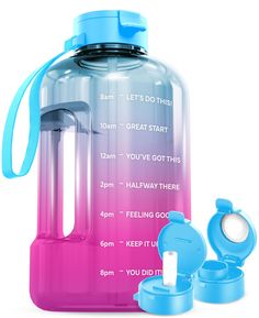 a pink and blue water bottle sitting next to two cups with lids on each side