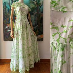 1960s  green and white floral maxi dress  ↓ Measurements↓  Bust:  36" Waist:  27"  Hips:  free"  Length:  58"    Closure: Back Nylon Zipper Pockets: No Condition:  some minor piling, very faint yellowing under arm  Material:  cotton  Label:  none Item Number:  TPF-10,710 White Floral Maxi Dress, Cotton Labels, Dress Measurements, Floral Maxi, Dress Clothes For Women, Floral Maxi Dress, Green And White, Item Number, 1960s