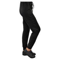 Super soft lounge pants that include front pockets, an elastic waistband with drawstring and banded bottoms. M fits pant size 8-10 L fits pants size 12-14 XL fits pants size 16-18 Made in China Joggers With Elastic Side Panels In Solid Color, Comfortable Harem Pants With Elastic Waistband, Casual Black Bottoms For Relaxation, Relaxed Fit Pull-on Harem Pants For Loungewear, Comfortable Harem Pants For Lounging, Solid Full-length Joggers With Drawstring, Solid Color Full-length Joggers With Drawstring, Solid Full-length Drawstring Joggers, Relaxed Fit Harem Pants With Elastic Cuffs For Loungewear