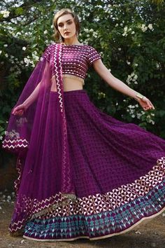 Shop for Pooja Rajgarhia Gupta Purple Georgette Printed Lehenga Set for Women Online at Aza Fashions Kali Lehenga, Lehenga Images, Work Dresses Outfits, Purple Lehenga, Chic Prom Dresses, Skirt Outfits Summer, Printed Lehenga, Dresses Traditional, Indian Dresses Traditional