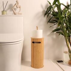 a white toilet sitting next to a plant and a wooden container on top of a counter