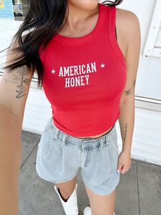 Celebrate the Fourth Of July with this new FSB exclusive- the American Honey Tank Top! This red bella canvas tank is available in xs-xl! Red Cotton Racerback Tops, Trendy Red Tank Top For Summer, Casual Red Cotton Tank Top, Red Cotton Racerback Tank Top, Red Cotton Top For 4th Of July, Red Cotton Tops For 4th Of July, Casual Red Racerback Tank Top, Trendy Sleeveless Top For 4th Of July, Red Racerback Casual Top