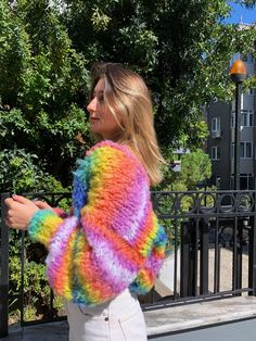 Trendy One Size Chunky Knit Sweater, Trendy Handmade Knit Sweater, Trendy Hand Knitted Sweater, Trendy Long Sleeve Mohair Cardigan, One Size Multicolor Soft Knit Cardigan, Trendy Hand Knitted Sweater One Size, Trendy Hand Knitted One Size Sweater, Oversized Rainbow Sweater For Fall, Trendy Hand-knitted One-size Sweater