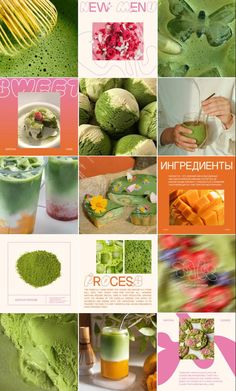 a collage of different pictures with green and oranges on them, including flowers