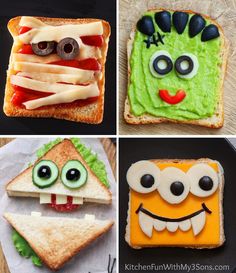 four different pictures of sandwiches made to look like cartoon characters and monsters with googly eyes