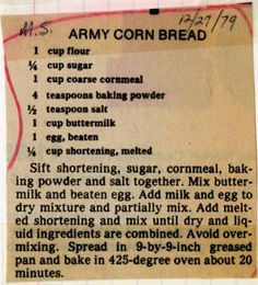 an old recipe for corn bread on a piece of paper