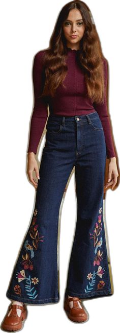 Embroided Jeans, High Rise Style, 70s Inspired, Dark Denim, Flare Jeans, High Rise, Collage, Pins, How To Wear