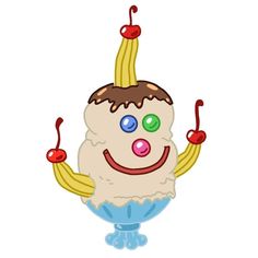 an ice cream sundae with two cherries on it's head and arms