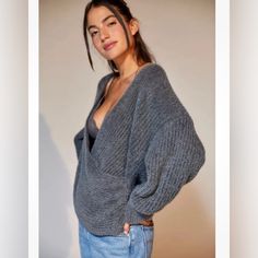 Urban Outfitters Kane Wrap Dark Gray Sweater Size Xs New With Tags Cozy Gray V-neck Top, Urban Outfitters Knit Tops For Winter, Urban Outfitters V-neck Fall Sweater, Urban Outfitters V-neck Winter Sweater, Urban Outfitters V-neck Sweater, Cozy Fall Tops From Urban Outfitters, Cozy Fall Tops By Urban Outfitters, Gray Sweater, Grey Sweater