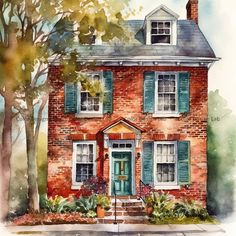 a watercolor painting of a brick house with green shutters on the front door