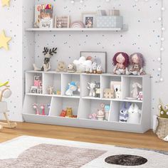 there are many toys on the shelves in this child's room, and it is very cute