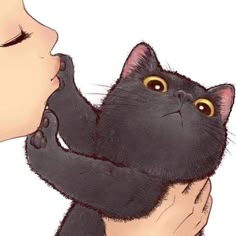 a drawing of a woman holding a black cat up to her face with one eye open