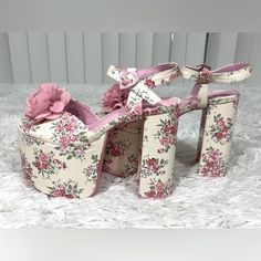 Pre-Owned In Great Condition. Little To No Wear. Deadstock. Rare! Sugar Thrillz Oh What A Night Floral Print Peep Toe Platform Heels White Pink Size 8 These Heels That Have A Floral Print, Peep Toes With Flower Appliques Across The Strap Uppers, Adjustable Buckle Closures, And Platform Soles. Materials Fabric Upper Rubber Sole Cute White Platform Heels, Cute White Block Heels, Cute White High Heel Shoes, Cute White High Heeled Shoes, Vintage White Ankle Strap Heels, Vintage White Heels With Ankle Strap, Feminine Platform Heels With Block Heel, Feminine Platform Heels With Closed Toe, Fabric Heels With Ankle And Heel Straps