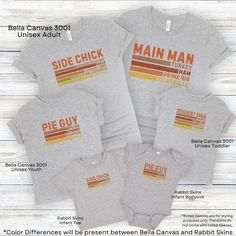 Celebrate Thanksgiving in style with these adorable family matching shirts! Choose from 4 different phrases. Side Chick, Main Man, Dessert Diva or Pie Guy. Perfect for family photos or holiday gatherings, these shirts feature a festive food-themed design. Available in sizes for adults, toddlers, youth, and infants, they ensure everyone in the family is coordinated for Turkey Day. 🦃🍂      ✨High-quality Bella Canvas 3001 and Rabbit Skins material      ✨Soft, breathable fabric for all-day comfort Fall Family Meal, Side Chick, Family Matching Shirts, Unique Thanksgiving, Festive Food, Thanksgiving Family, Turkey Day, Family Meal, Holiday Dinner