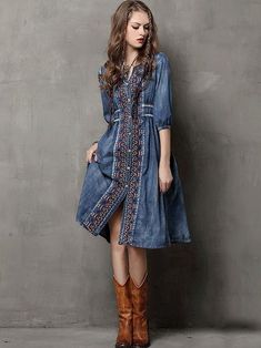 Sku CY-!25094 Material Denim Style Loose Feature Embroidered Occasion Casual Neckline V-neck Seasons Spring , Summer Type Midi Dresses Color BLUE Size S,M,L,XL Size chart: Please consult the size chart we provide for this item's measurements to help you decide which size to buy. Please note: There may be 1-3cm differ due to manual measurement. CMINCH Cm Bust Shoulder Sleeve Hemline Length S 90 36 48 300 102 M 94 38 50 305 102.5 L 98 39 52 310 103 XL 102 40 53 315 103.5 Denim Dress Outfit Winter, Boho Denim Dress, Bohemian Vintage Dress, Dress Outfit Winter, Denim Dress Outfit, Denim Cardigan, Embroidered Denim Dress, Jeans Cardigan, Embroidery Patchwork