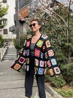 Handmade Black Sweater For Spring, Handmade Multicolor Cardigan For Spring, Casual Handmade Black Outerwear, Handmade Black Cardigan For Fall, Colorful Handmade Spring Outerwear, One Size Granny Square Cardigan For Spring, Handmade Colorful Spring Outerwear, Black Sweater With Granny Square For Fall, Handmade Black Outerwear For Spring