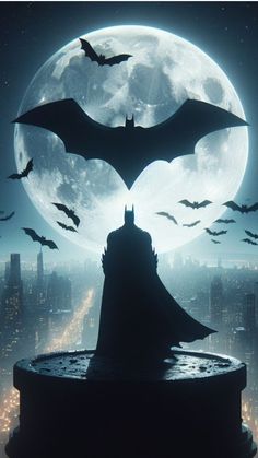 the dark knight rises in front of a full moon, with bats flying around it