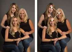 three beautiful women sitting on top of each other in front of a gray background and smiling