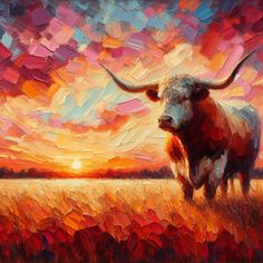 a painting of a bull standing in a field at sunset with the sun behind it