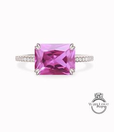 Pink Sapphire & Diamond East West Double prong Engagement Ring, Emerald cut Pink Sapphire ring, Custom, Wedding Anniversary Gift ringThis Ring will be created with your Center gem size of choice. Customize both the center gem size & accent gems to create your own unique look. The ultimate accessory for any Big Day or everyday wear!! Makes the perfect gift for that special someone in your life. Sure to be treasured for a lifetime! Looking for something in particular/custom? Please ask for details Wedding Sapphire Ring With Square Cut And Prong Setting, Square Cut Sapphire Ring With Prong Setting For Wedding, Radiant Cut Red Ruby Ring For Wedding, Square Cut Platinum Ring For Gift, Platinum Square Cut Ring For Gift, Radiant Cut Ruby Promise Ring With Prong Setting, Pink Asscher Cut Ring With Prong Setting, Double Prong Engagement Ring, Engagement Ring Emerald Cut