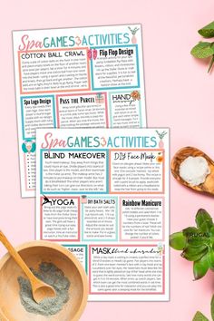 two printable games that are on top of a pink surface with plants and spoons