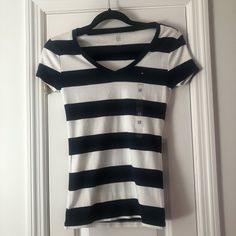 Nwt! Navy Blue And White Summer Striped Tops By Tommy Hilfiger, Tommy Hilfiger Striped Tops For Summer, Tommy Hilfiger Striped Tops For Spring, Tommy Hilfiger Navy Short Sleeve Top, Casual Navy Tommy Hilfiger Top, Casual Tommy Hilfiger V-neck Top, Tommy Hilfiger Casual V-neck Top, Teal Shirt, White Short Sleeve Blouse