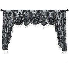 a black and white photo of a window curtain with beading on the top half