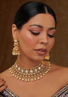 Kundan Necklace Gold Plated Necklace Set Zevar by Geeta - Fabilicious Fashion Luxury Gold Kundan Necklace For Festive Occasions, Gold Kundan Jewellery, Pearl Work, Choker Necklace Designs, Fabric Pouch, Perfume Store, Indian Wedding Wear, Kundan Necklace, Kundan Necklaces