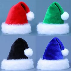 four different colored santa hats with white pom - poms