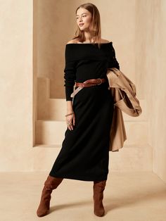 Petite Off-the-Shoulder Sweater Dress | Banana Republic Black Sweater Dress Outfit, Knitted Dress Outfit, Elegantes Outfit Damen, Fall Sweater Dress, Sweater Dress Outfit, Winter Dress Outfits, Long Sweater Dress, Black Sweater Dress, Long Dress Casual