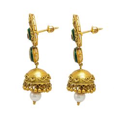 22K Yellow Gold Jhumki Drop Earrings W/ Ruby, Emerald, Kundan & Mango Accents in Antique Finish for women. Wear these beautiful Jhumki drop earrings for a unique complement to your desired ensemble. They are embellished with rubies, emeralds, kundan and mango accents in an antique finish. They are 2.28 inches long, 18 mm wide with a total gold weight of 23.9 grams. Yellow Gold Meenakari Jhumkas For Diwali, Navratri Yellow Gold 22k Jhumkas, Festive 22k Gold Jhumkas, 22k Gold Meenakari Jhumkas For Diwali, Temple Jewelry Yellow Gold Jhumkas For Celebration, Temple Jewelry Style Yellow Gold Jhumkas For Celebration, Yellow Gold Temple Jewelry Jhumkas For Celebration, 22k Gold Bollywood Chandbalis, Bollywood Style Yellow Gold Jhumkas With Cutdana