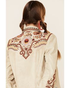 Double D Ranch Women's Cream Poco Loco Leather Jacket , Cream Bleached Jacket Design, Vintage Cowgirl Outfits, Women Jacket Outfit, Western Embroidery Designs, Western Jacket Women, Women's Western Clothing, Women Western Outfits, Leather Jacket Patches, Leather Applique