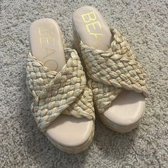 Never Worn! Sz. 6, Raffia Sandals From Beach- So Cute And On Trend Chic Straw Sandals For Summer Outings, Chic Wedge Sandals For Beach Vacation, Chic Woven Sandals For Summer Outings, Summer Beach Wedge Sandals With Woven Sole, Chic Straw Sandals For Beach Season, Summer Synthetic Wedge Sandals For Vacation, Summer Wedge Sandals For Beach Days, Synthetic Wedge Sandals For Summer Beach Season, Summer Vacation Synthetic Wedge Sandals