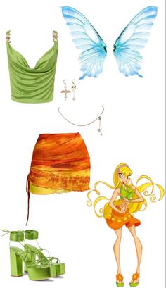 four different types of clothing and shoes with wings on them, including a skirt, top,