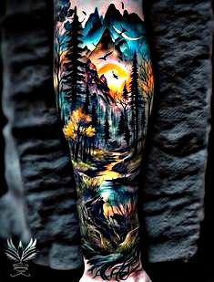 a man's arm with an image of mountains and trees in the night sky