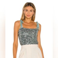 Free People Hey Girl Tie Shoulder Sequin Camisole In Moon Brand New With Tags $68 Sz Small Silver Tank Top For Summer Party, Silver Fitted Tank Top For Party Season, Blue Camisole Tank Top For Party, Silver Tank Top For Spring Night Out, Silver Tank Top For Spring Party, Silver Tank Top For Night Out In Spring, Glamorous Silver Tops For Summer, Summer Silver Sleeveless Top, Chic Fitted Silver Tank Top