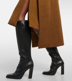 Find VICTORIA BECKHAM Leather Knee-high Boots on Editorialist. Upper: calf leather. Lining: leather. Sole: leather insole and sole. Toe shape: square toe. Made in Italy. Includes: dust bag, shoe box. Designer color name: Black. Closure: zipped side. Chanel Riding Boots, Denim Knee High Boots, Pointy Toe Boots, Pointed Toe Boots, Knee High Leather Boots, Black Ankle Boots, Lambskin Leather, Leather Ankle Boots, Brown Boots