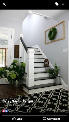 there is a black and white rug on the floor next to stairs with potted plants