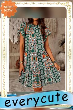 Green Bohemia Print Short Sleeve Casual Dress with Pocket Green Floral Print Shift Mini Dress, Women Dresses Casual, Women Dresses, Dresses Casual, Casual Dresses For Women, Printed Shorts, Casual Dress, Casual Dresses, Womens Dresses