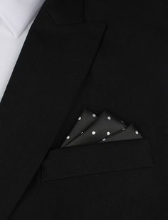 Coal Black with White Polka Dots Oxygen Three Point Pocket Square | OTAA.COM Elegant Polka Dot Tie For Black Tie Events, Elegant Black Pocket Square For Business, Elegant Black Business Handkerchiefs, Elegant Black Handkerchiefs For Business, Classic Black Pocket Square For Business, Classic Black Pocket Square For Wedding, Classic Black Formal Handkerchiefs, Elegant Black Pocket Square For Formal Occasions, Elegant Black Suit And Tie Accessories With Pocket Square